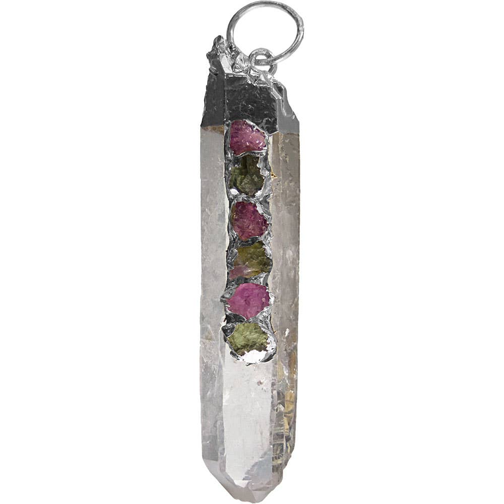 Clear Quartz with Watermelon Tourmaline Electroplated Silver Necklace
