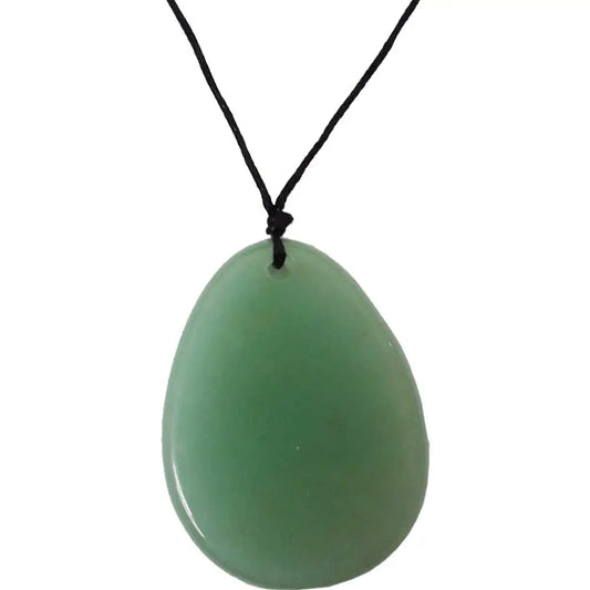 Flat Oval Pendant Necklace on Black Cord: Green Aventurine